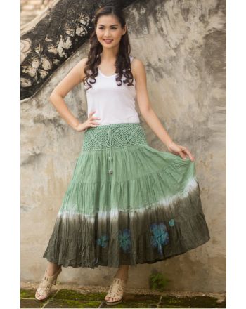 Green Boho Chic Long Cotton Batik and Crochet Skirt from Thailand