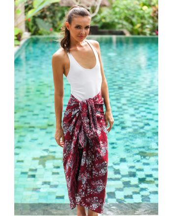 Tropical Garden in Claret Red Floral Rayon Sarong with Hand Stamped Batik Pattern
