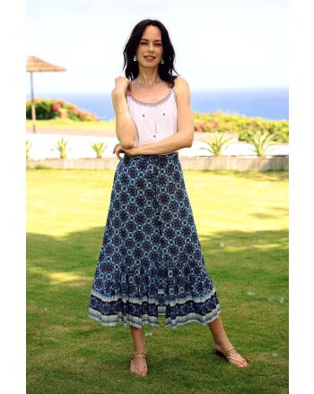 Fascinating Evening Floral Motif Rayon Skirt in Blue from Thailand